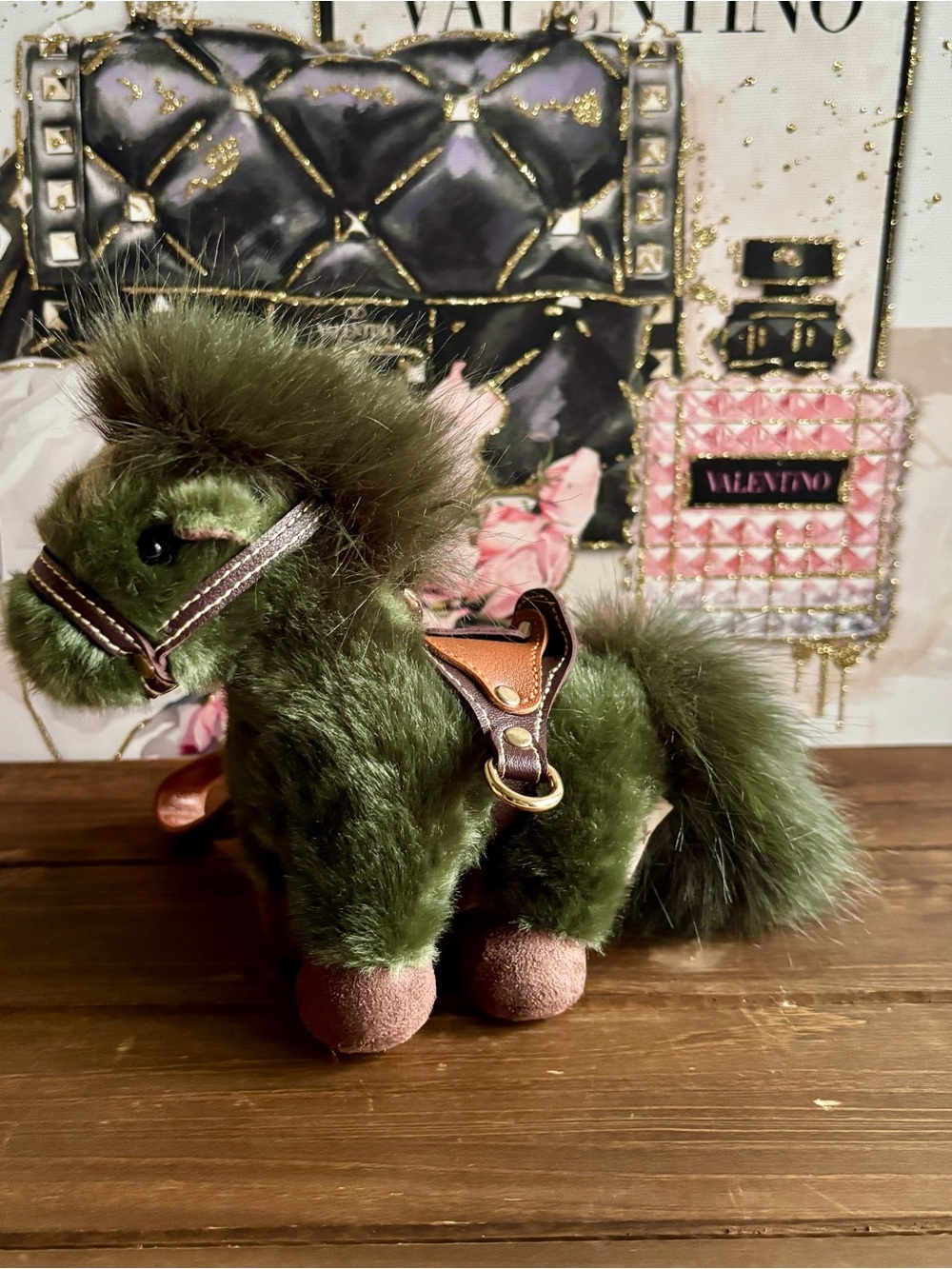 Plush Green Fur Horse Keychain Charm with Tan Leather Strap